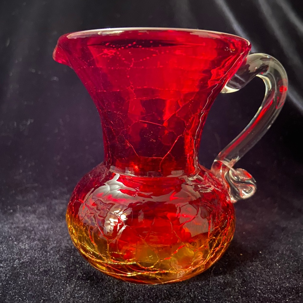 Vintage Amberina Red & Orange Crackle Glass Hand-Blown Mini Pitcher GLOWS
